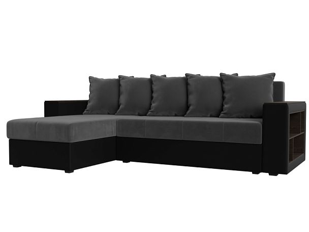 Диван угловой Дубай Лайт угол левый (основа велюр серый, компаньон экокожа черная) - Вид 1