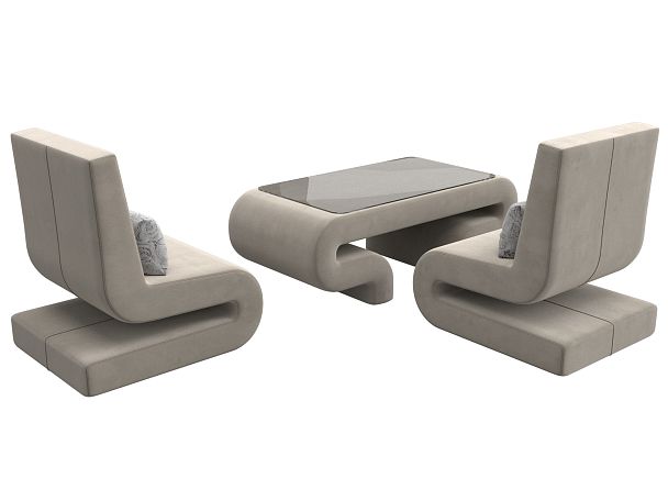 Волна набор 3 - стол, 2 кресла (полностью микровельвет бежевый) - Вид 5