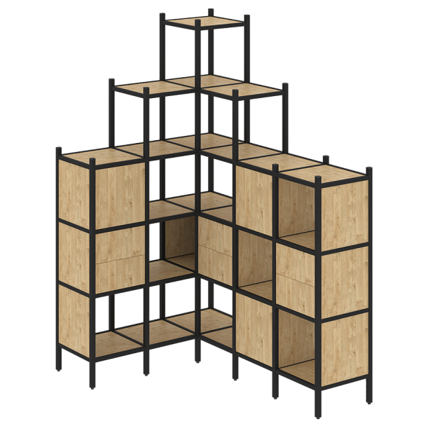 Loft Угловой внутренний стеллаж наборный VR.L-43 Тиквуд светлый/Чёрный металл 1278*1694*2280 - Вид 1