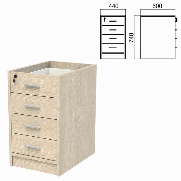 Тумба (каркас БЕЗ КРЫШКИ) приставная "Арго", 440х600х740 мм, 4 ящика, замок, ясень шимо - Вид 1