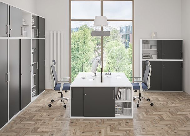 Рабочая станция Allegro 1600х1438х750  / профиль О-образный: 70х20 антрацит; столешница с вырезом: акация равелло - Вид 9