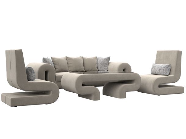 Волна набор 2 - диван, стол, 2 кресла (полностью микровельвет бежевый) - Вид 1