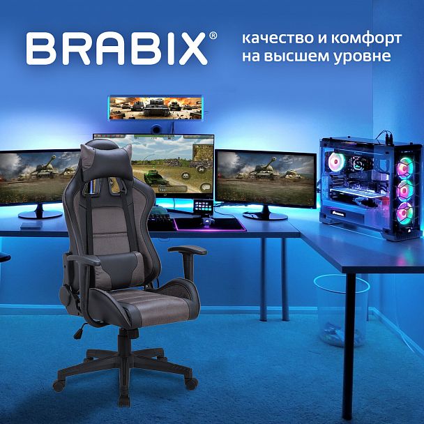 Кресло компьютерное BRABIX "GT Racer GM-100", две подушки, ткань, экокожа, черное/коричневое, 531819 - Вид 3