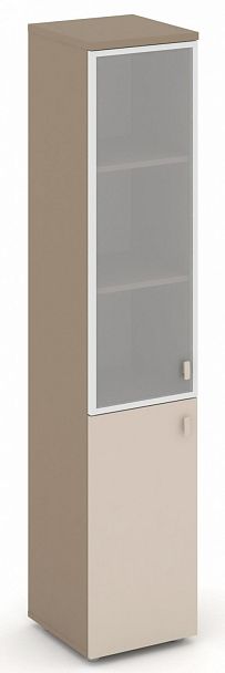 Шкаф высокий узкий (1 низкий фасад ЛДСП + 1 средний фасад стекло Лакобель IVORY / UMBRA в раме) "ESTETICA" ES.SU-1.2R Капучино - Вид 1