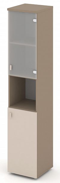 Шкаф высокий узкий (1 низкий фасад ЛДСП + 1 низкий фасад стекло сатин матовый) "ESTETICA" ES.SU-1.4 Капучино/Сатин матовый - Вид 2