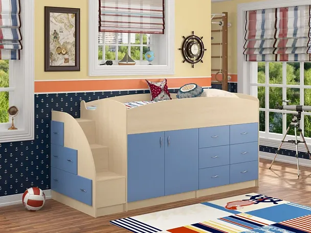 Кровать-чердак "Дюймовочка-4" дуб/голубой - Вид 1