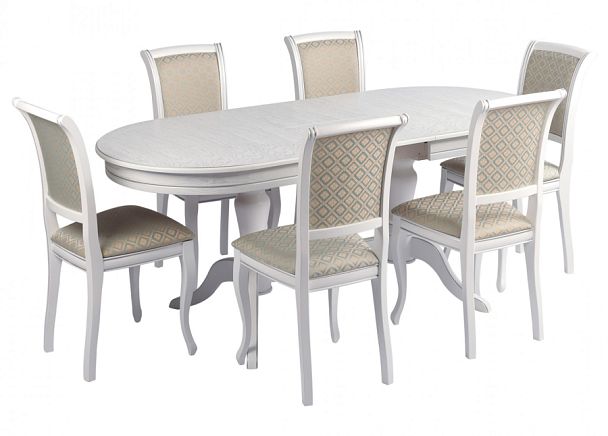 Обеденная группа стол Арей 160(210)х90х76 Белый с серебряной патиной и 6 стульев Арктос Белый с серебряной патиной/Бирюзовый жаккард - Вид 1