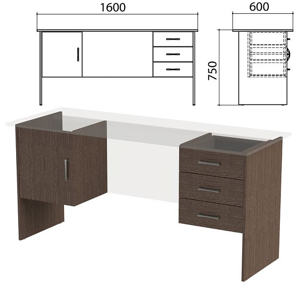 Каркас к столам письменным с 2 тумбами "Канц" 1600х600х750 мм, цвет венге, СК29.16.2 - Вид 1