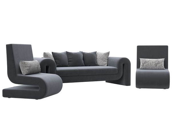 Волна набор 1 - диван, 2 кресла (полностью велюр серый) - Вид 1
