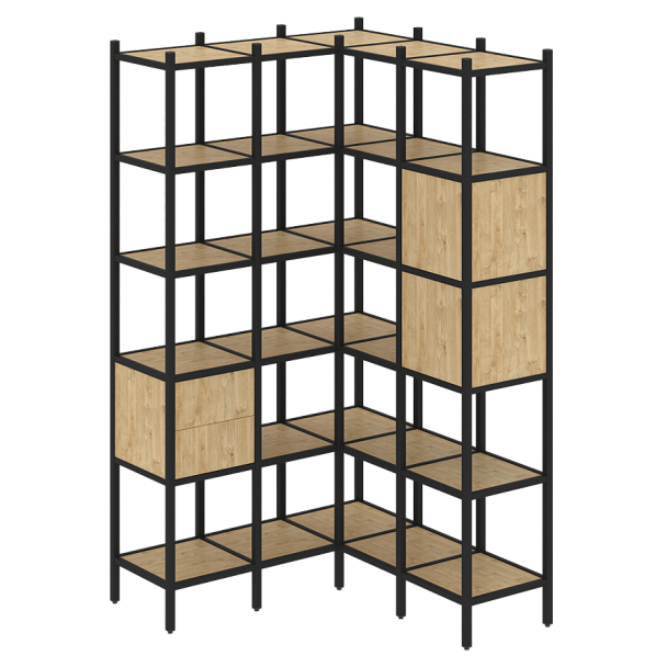 Loft Угловой внутренний стеллаж наборный VR.L-34 Тиквуд светлый/Чёрный металл 1278*1278*2280 - Вид 1