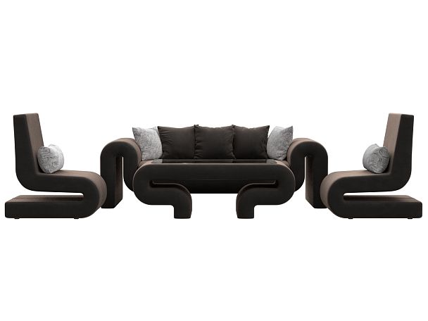 Волна набор 2 - диван, стол, 2 кресла (полностью велюр коричневый) - Вид 2