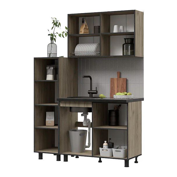 Кухня Эдинбург 1.4 с пеналом Фасад ЖЕЛЕЗНЫЙ КАМЕНЬ/Корпус ДУБ КРАФТ СЕРЫЙ - Вид 2