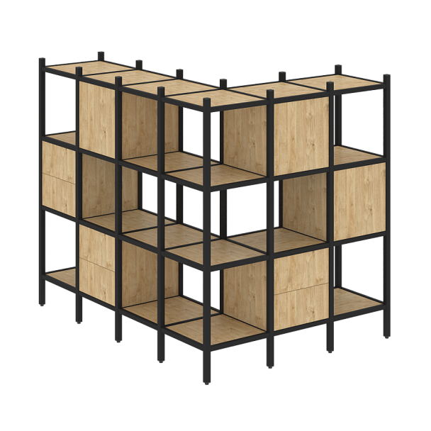 Loft Угловой внешний стеллаж наборный VR.L-52 Тиквуд светлый/Чёрный металл 1694*1278*1458 - Вид 1