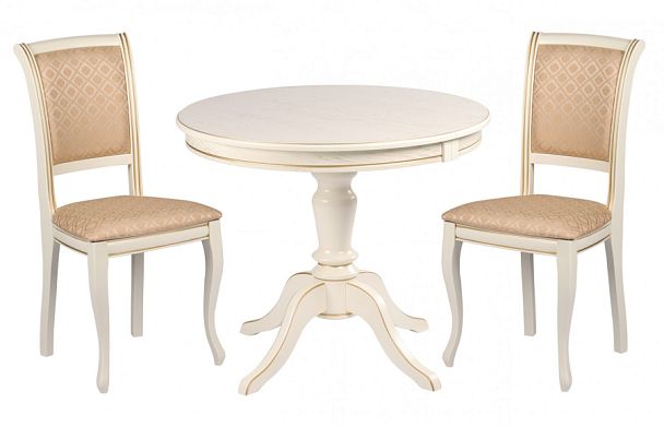 Обеденная группа стол Элат D90(130)х90х76 Слоновая кость с золотой патиной и 2 стула Арктос Слоновая кость с золотой патиной/Бежевый жаккард - Вид 1