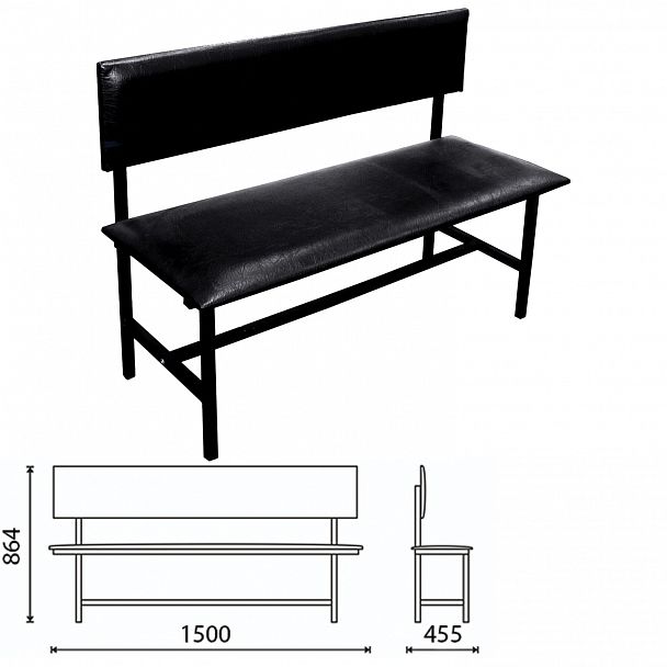 Банкетка со спинкой "Берта" 1500х455х864 мм, усиленная, черный каркас, кожзам черный - Вид 2