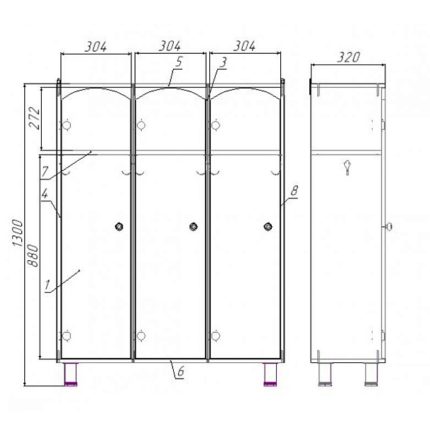 Шкафчик для одежды 3-секционный стандарт (цветной фасад) - Вид 2