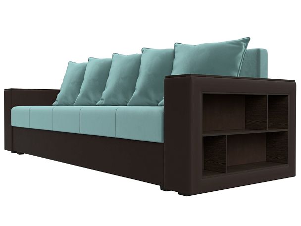 Диван прямой Дубай Лайт полки справа (основа Велюр Бирюзовый, компаньон экокожа коричневая) - Вид 3