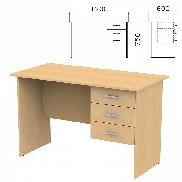 Стол письменный "Канц", 1200х600х750 мм, тумба 3 ящика, цвет бук невский, СК27.10 - Вид 2