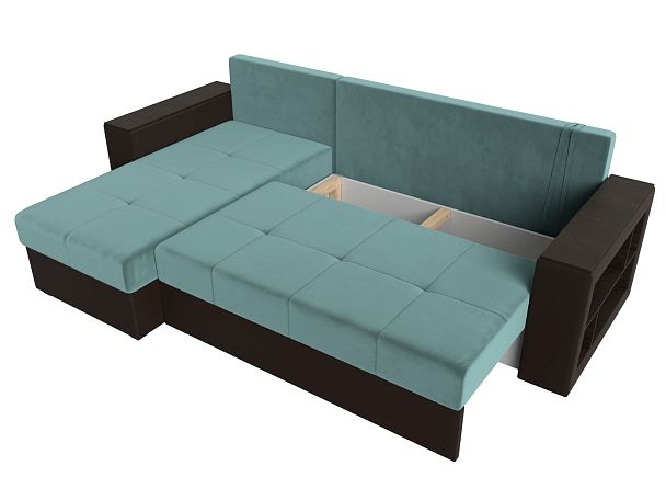 Диван угловой Дубай Лайт угол левый (основа велюр бирюзовый, компаньон экокожа коричневая) - Вид 8
