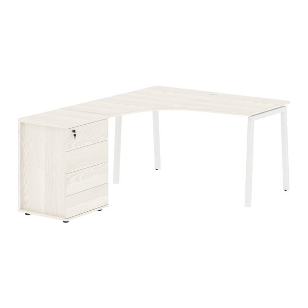 Стол эргономичный с тумбой ELCET 1318(L) Ясень Траун/Белый 1360х1880х750 EDIS - Вид 1