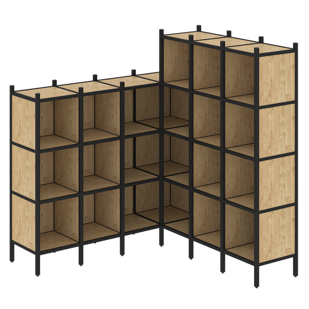 Loft Угловой внутренний стеллаж наборный VR.L-50 Тиквуд светлый/Чёрный металл 1694*1694*1869 - Вид 1
