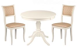 Обеденная группа стол Элат D90(130)х90х76 Слоновая кость и 2 стула Камир Слоновая кость/Бежевый жаккард - Фото предпросмотра