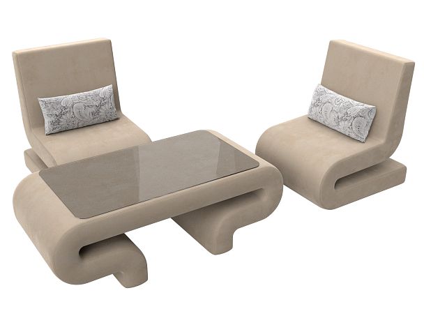 Волна набор 3 - стол, 2 кресла (полностью велюр бежевый) - Вид 4