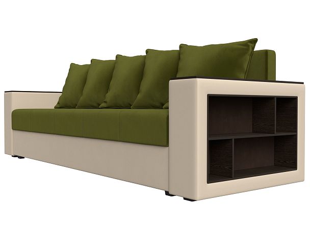 Диван прямой Дубай Лайт полки справа (основа микровельвет зеленый, компаньон экокожа бежевая) - Вид 3