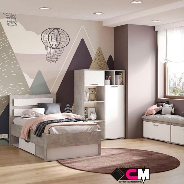 Денвер КР-01 Кровать 0,9х2,0 (970х986х2110) ателье светлый/белый - Вид 3