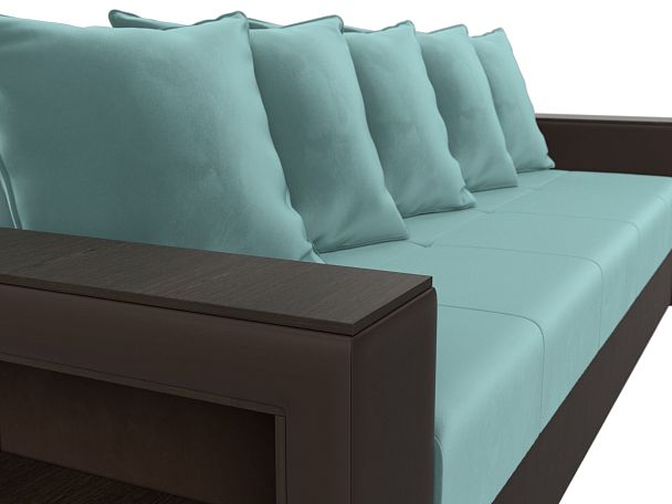 Диван прямой Дубай Лайт полки слева (основа Велюр Бирюзовый, компаньон экокожа коричневая) - Вид 4