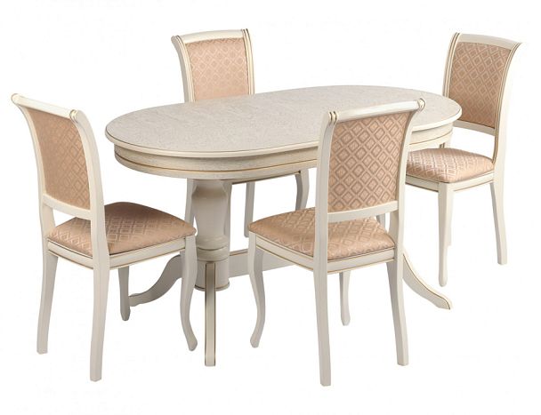 Обеденная группа стол Арей 160(210)х90х76 Слоновая кость с золотой патиной и 4 стула Арктос Слоновая кость с золотой патиной/Бежевый жаккард - Вид 1