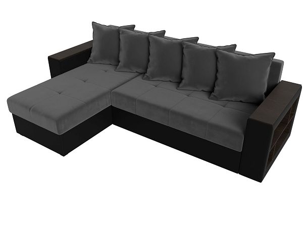 Диван угловой Дубай Лайт угол левый (основа велюр серый, компаньон экокожа черная) - Вид 5
