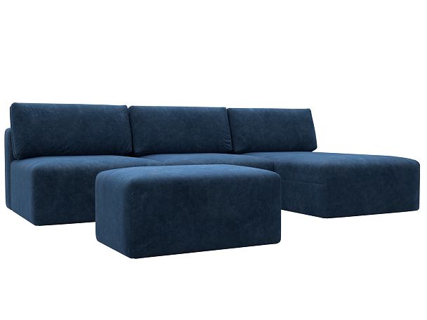 Диван угловой модульный с пуфом Лига-060 НПБ Лонг угол универсальный Велюр синий - Вид 2