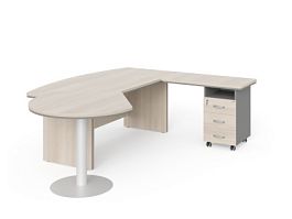 БЕРЛИН / BERLIN Стол руководителя R угловой с брифингом и тумбой 3 ящика 2350х2000х760 Акация/Серый - Фото предпросмотра