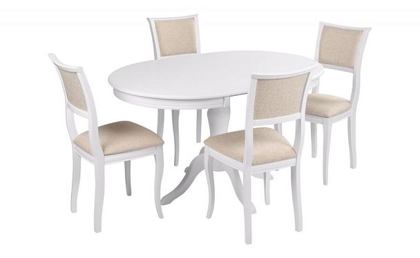 Обеденная группа стол Элат D90(130)х90х76 Белый и 4 стула Камир Белый/Кремовая рогожка - Вид 1