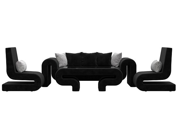 Волна набор 2 - диван, стол, 2 кресла (полностью велюр черный) - Вид 2