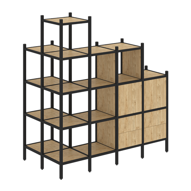 Loft Угловой внешний стеллаж наборный VR.L-58 Тиквуд светлый/Чёрный металл 862*1694*1869 - Вид 1