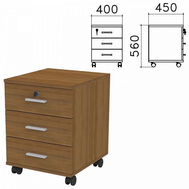 Тумба подкатная "Канц", 400х450х560 мм, 3 ящика, замок, цвет орех пирамидальный, ТК29.9 - Вид 1