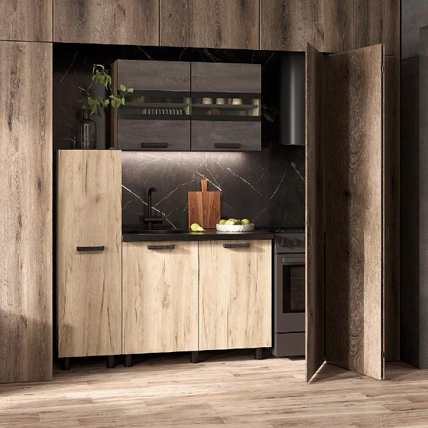 Кухня Эдинбург 1.4 с пеналом Фасад ЖЕЛЕЗНЫЙ КАМЕНЬ/Корпус ДУБ КРАФТ СЕРЫЙ - Вид 3