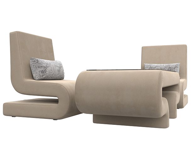 Волна набор 3 - стол, 2 кресла (полностью велюр бежевый) - Вид 3