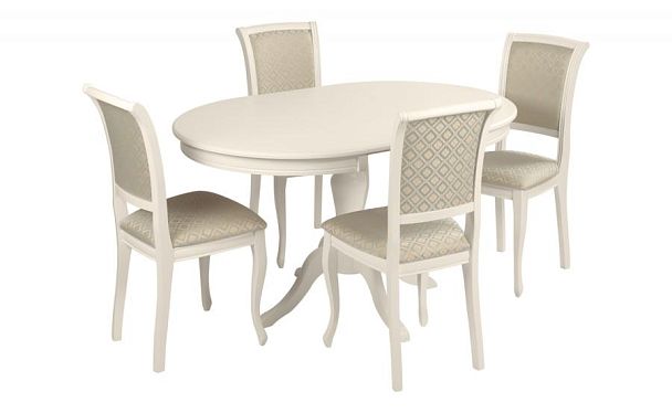 Обеденная группа стол Элат D90(130)х90х76 Слоновая кость и 4 стула Арктос Слоновая кость/Бирюзовый жаккард - Вид 1