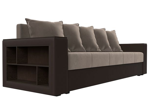 Диван прямой Дубай Лайт полки слева (основа велюр коричневый, компаньон экокожа коричневая) - Вид 3