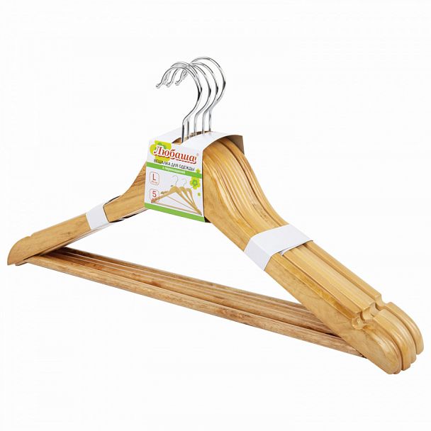 Вешалки-плечики, размер 48-50, КОМПЛЕКТ 5 шт., деревянная, перекладина, цвет сосна, ЛЮБАША Эконом, 604895 - Вид 1