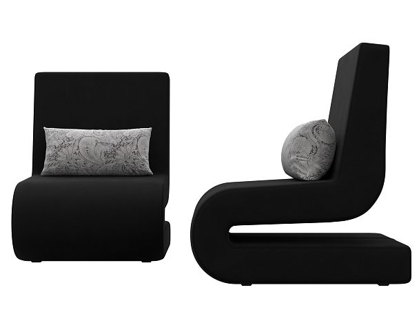 Кресло Волна (полностью микровельвет черный, подушки велюр серый с узором) - Вид 2