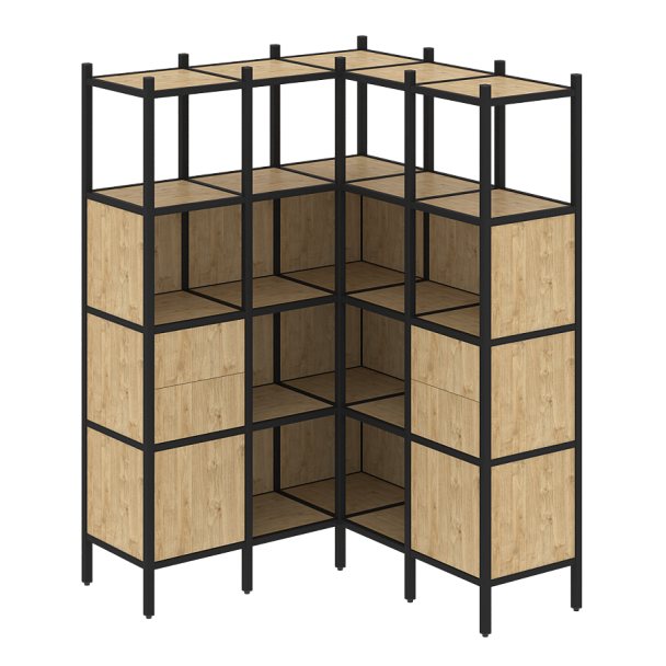 Loft Угловой внутренний стеллаж наборный VR.L-33 Тиквуд светлый/Чёрный металл 1278*1278*1869 - Вид 1