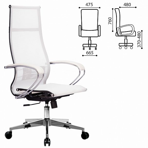 Кресло офисное МЕТТА "К-7" хром, прочная сетка, сиденье и спинка регулируемые, белое - Вид 3