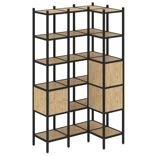 Loft Угловой внутренний стеллаж наборный VR.L-35 Тиквуд светлый/Чёрный металл 1278*862*2280 - Вид 1