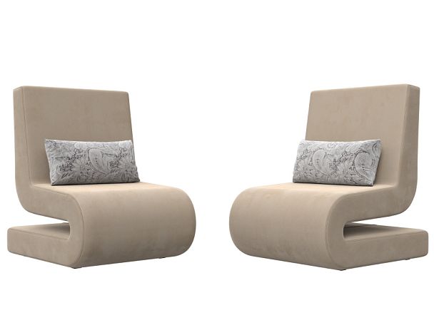 Кресло Волна (полностью велюр бежевый, подушки велюр серый с узором) - Вид 1