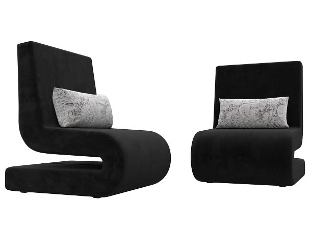 Кресло Волна (полностью велюр черный, подушки велюр серый с узором) - Вид 3