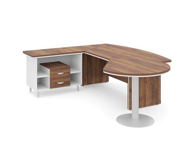 БЕРЛИН / BERLIN Стол руководителя L угловой с брифингом и тумбой 2 ящика 2150х2000х760 Орех Вармия/Белый - Вид 1